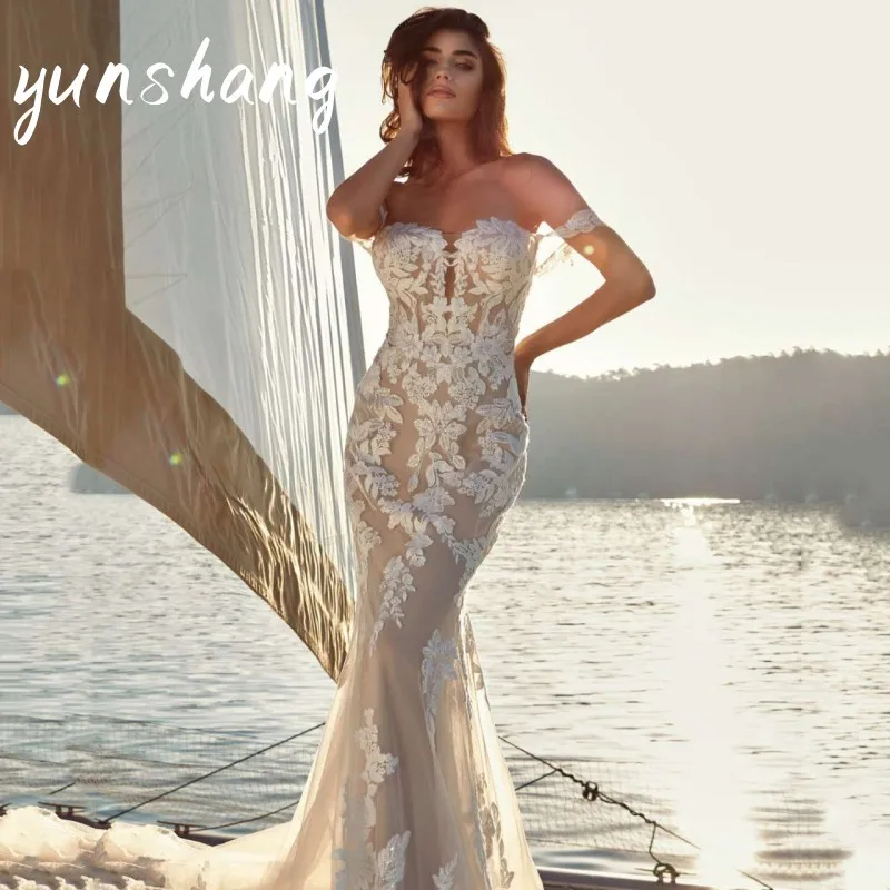 

Yunshang Luxury Mermaid Wedding Dress White Lace Open Back Sweetheart Off The Shoulder Bridal Gowns Sweep Train Vestido De Novia