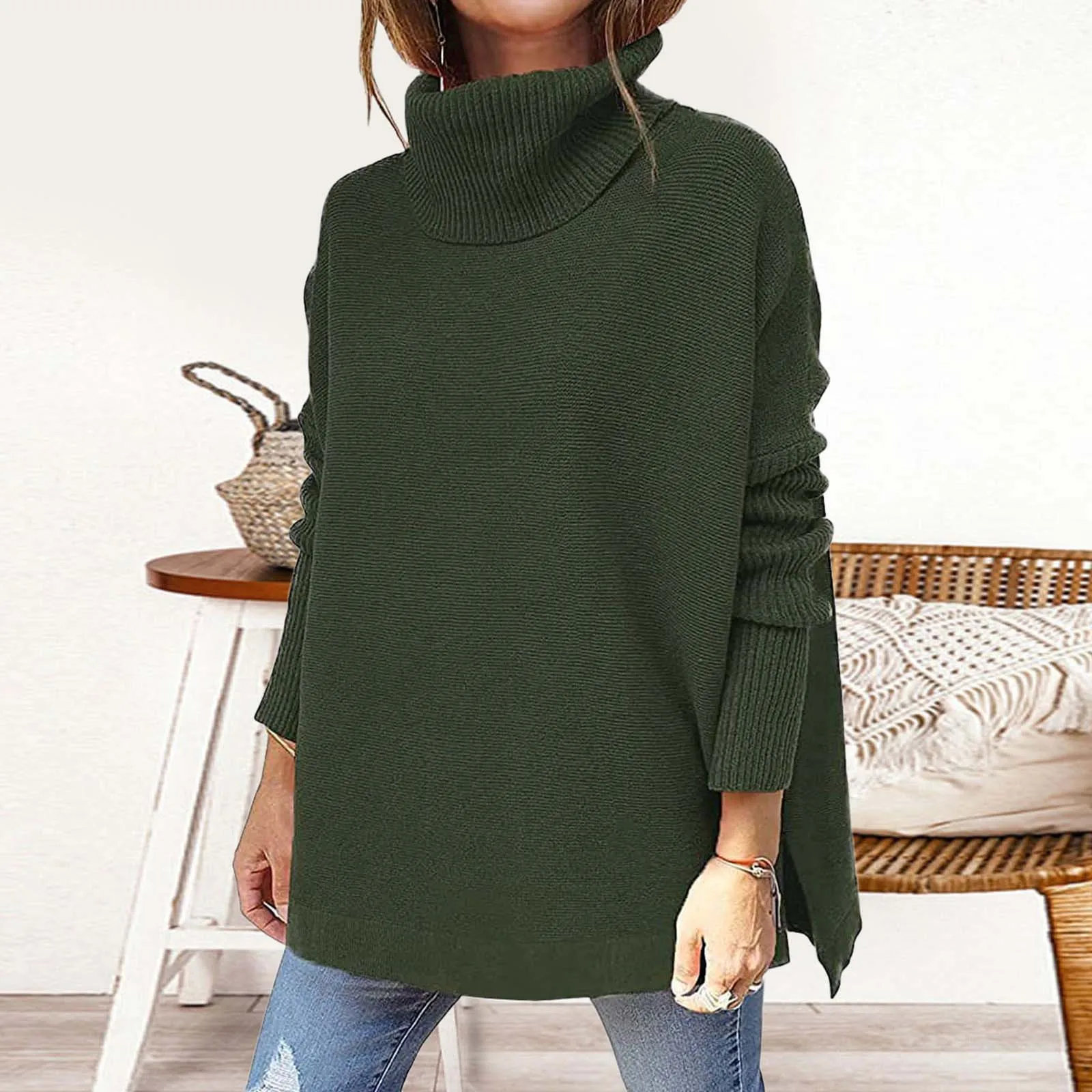 thumbnail image 1 of Suéter de gran tamaño para mujer, bata, suéter de cuello alto de manga larga, suéter 2024, jersey de punto blanco, caqui, marrón y verde para mujer, 1 of 5