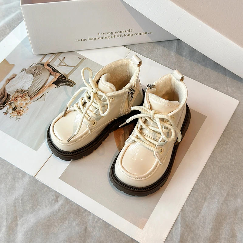 Girls Winter Cotton Boots Black Beige Round Toe Platform