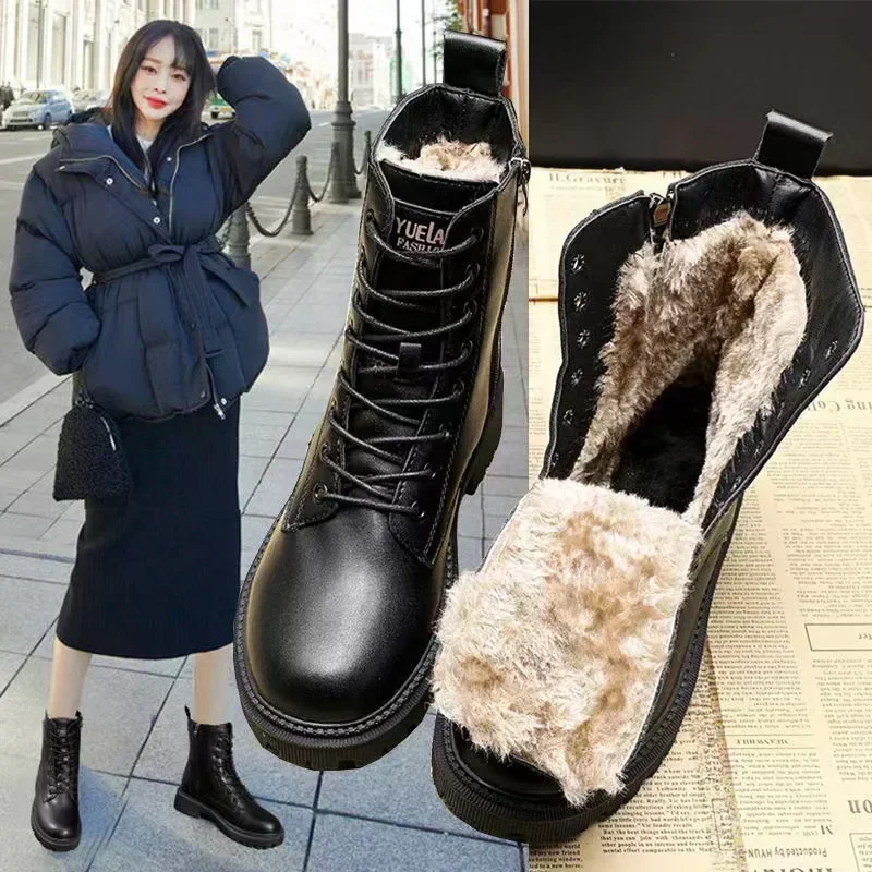 Waterproof Winter Snow Boots Women 2023 Plus Velvet Thick Cotton Women Shoes Black Leather Warm Platform Women\'s Ankle Boots