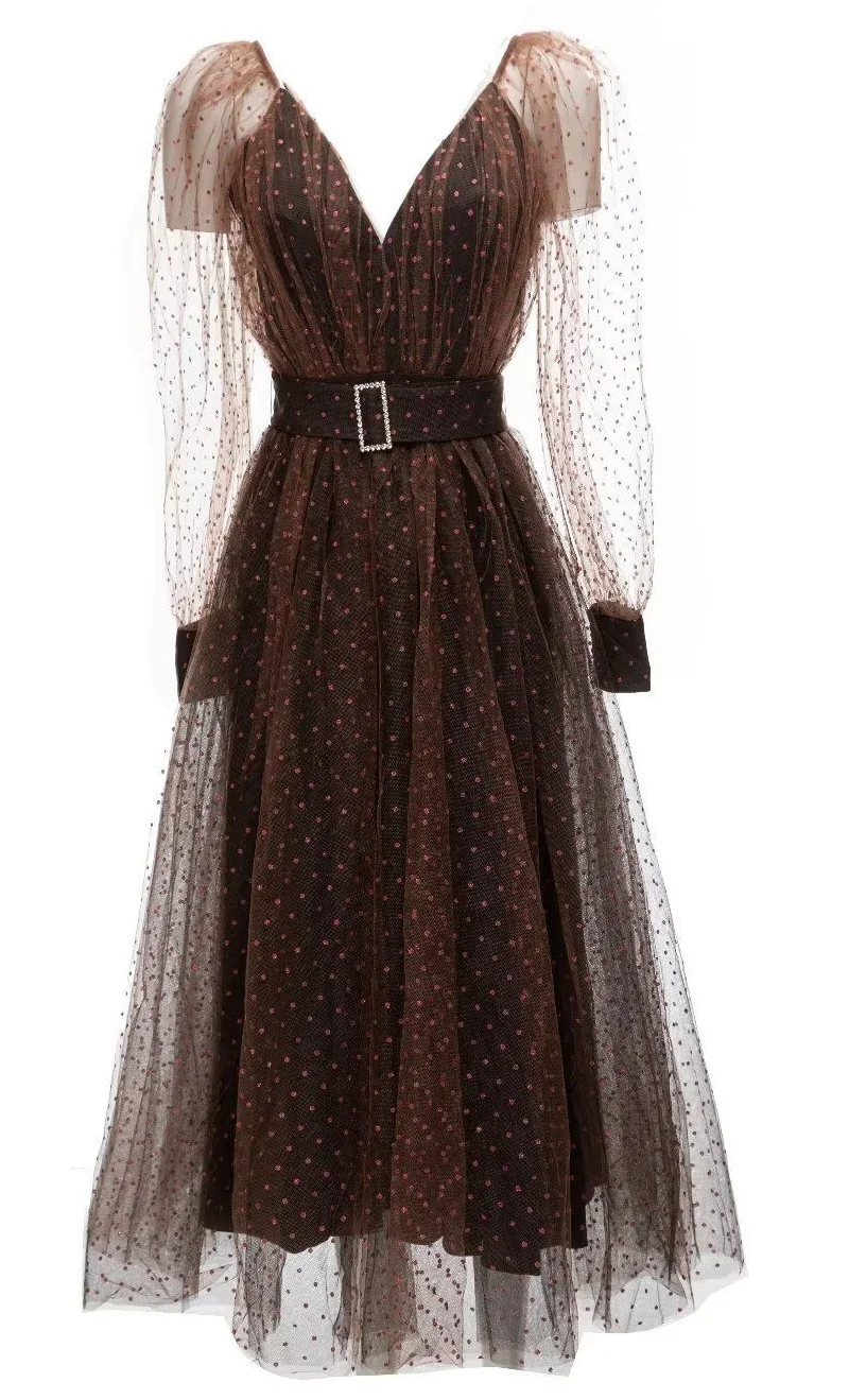 

Sexy Deep V-Neck Gown Dress 2023 Autumn Party Evening Women Polka Dot Print Belt Deco Long Sleeve Sexy Tulle Mesh Dress Vestidos