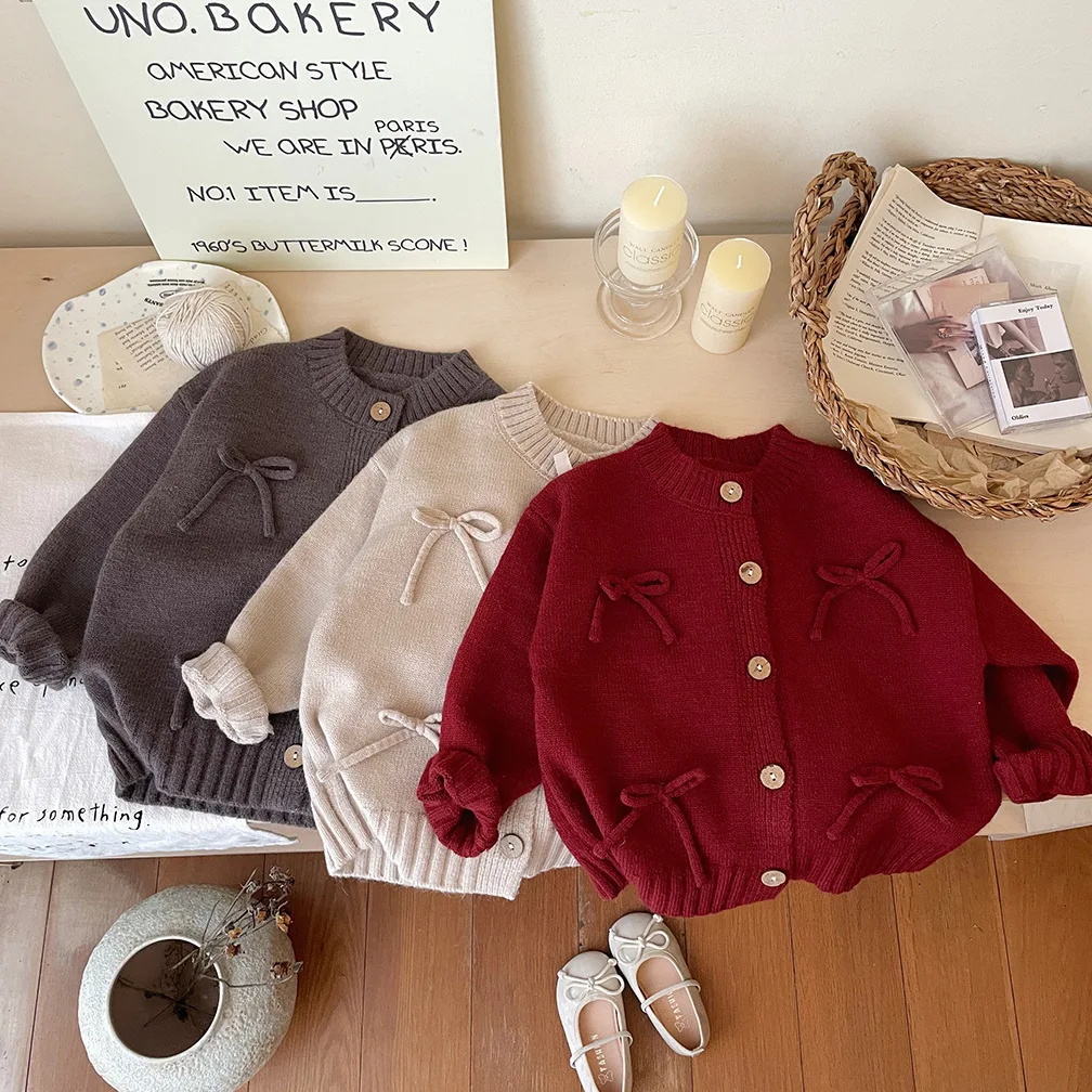 2026 가을 여아 및 아동용 스웨터 신상 리본 레드 코트  니트 가디건 상의