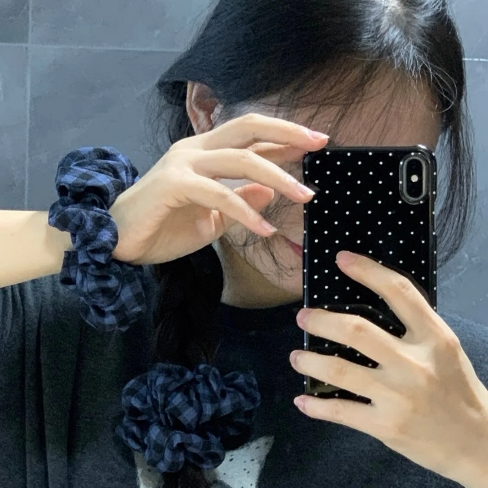 1PC Plaid Hair Scrunchie, Navy Blue Elastic Hair Tie, Vintage - Style Soft Hair Accessory For Women,Daily & Party Use