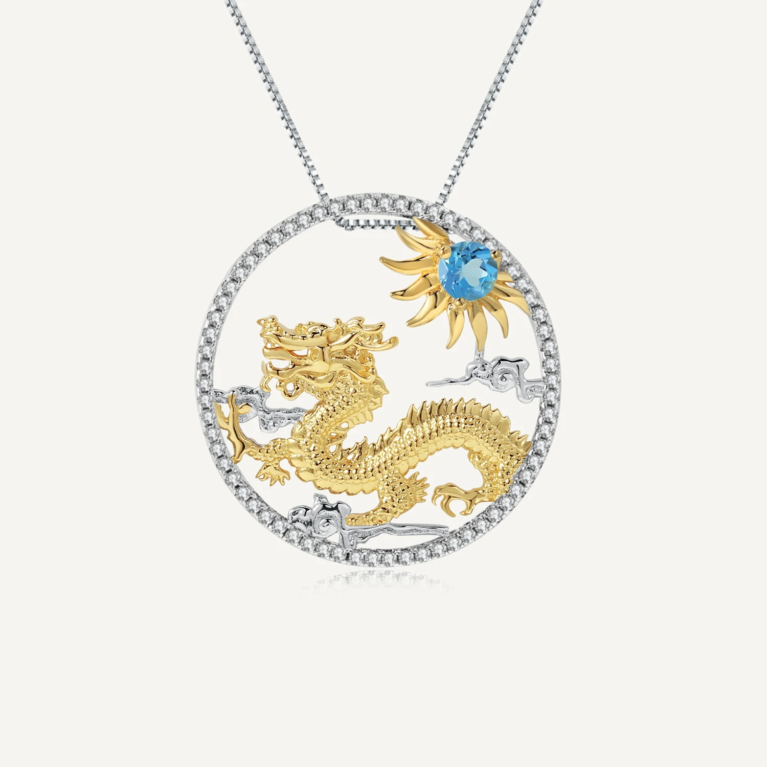 GEM'S BALLET Natural Swiss Blue Topaz Chinese Zodiac Jewelry 925 Sterling Silver Handmade Myth Dragon Pendant Necklace For Women