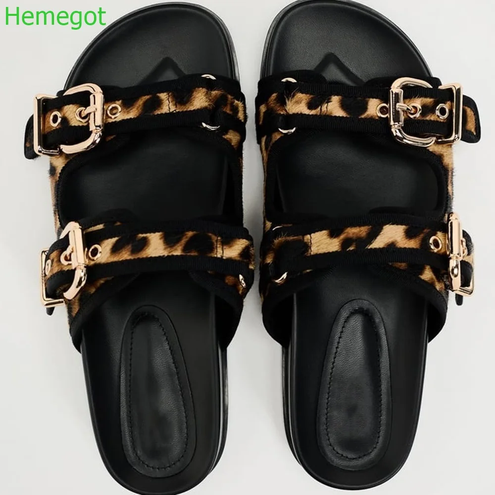 Black Leopard Print Casual Slippers Summer Fashion Thick-Soled Sandals Metal Belt Buckle Versatile Ladies Outside Beach Slides
