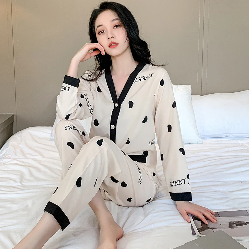 Autumn ice silk cotton V-neck cardigan long-sleeved pajamas women's plus size plus size simple casual home clothes 2-piece set
