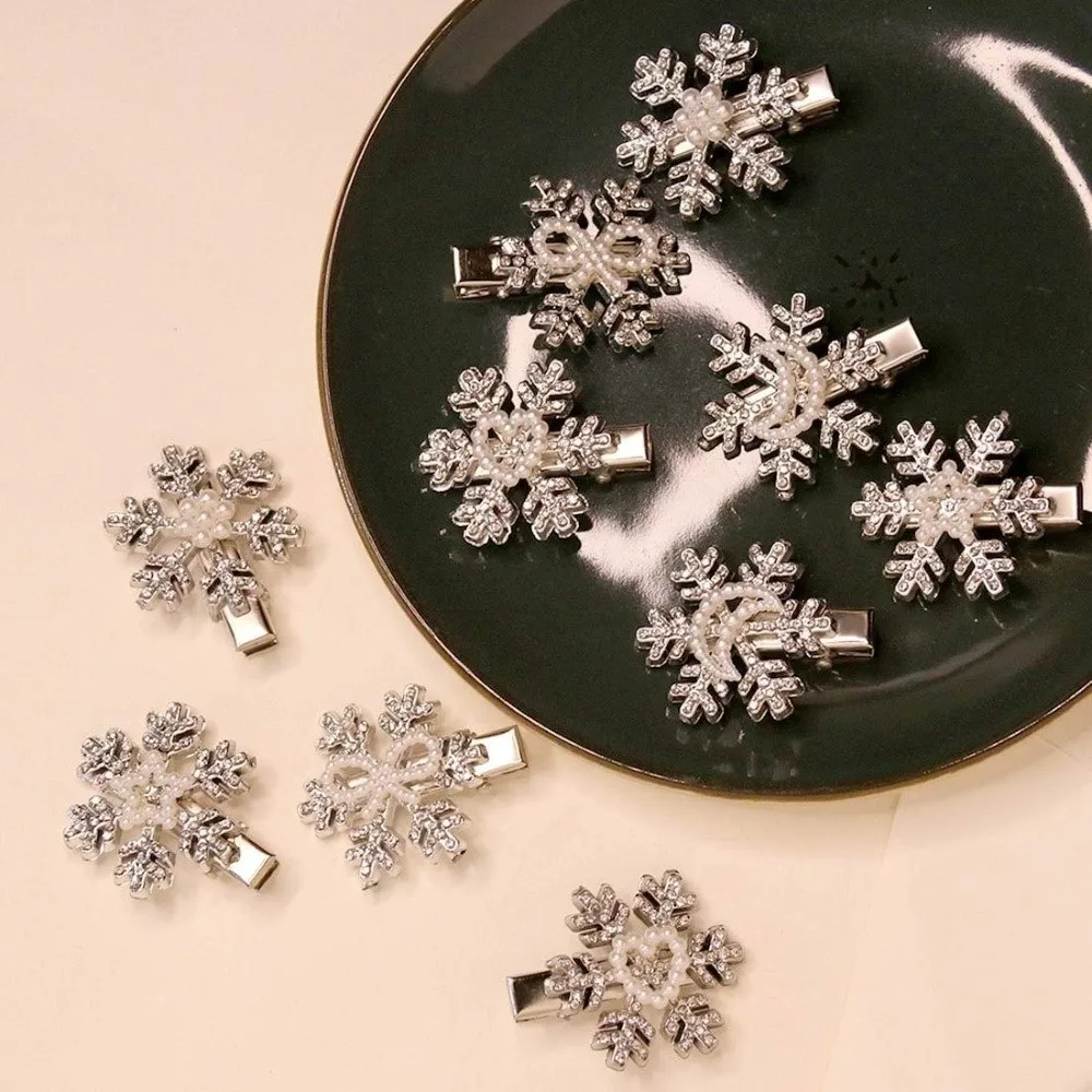 5 Pieces Sweet Snowflake Hair Clips Five-pointed Star Winter Hair Accessories Pearls Snowflake Hairpin Shiny Rhinestones
