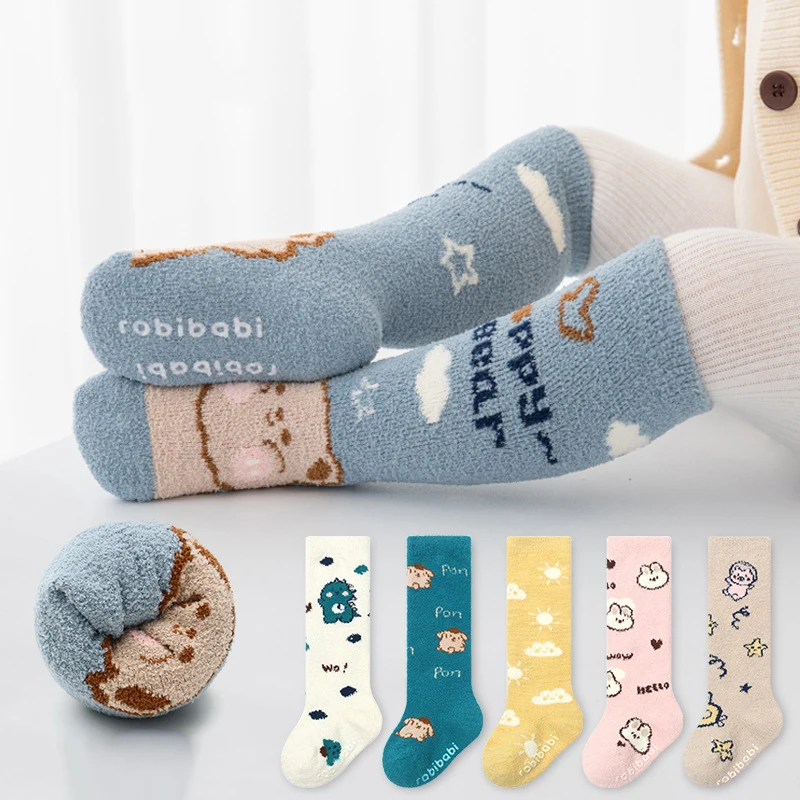 2023 Cartoon Animal Non-slip Floor Coral Fleece Stockings Winter Thicken Warm Home Sleep Knee High Long Tube Socks for Baby Girl