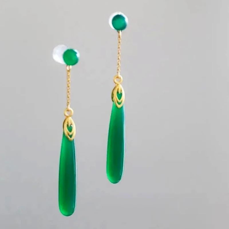 Chinese style retro S925 Sterling Silver Jade chalcedony Earrings