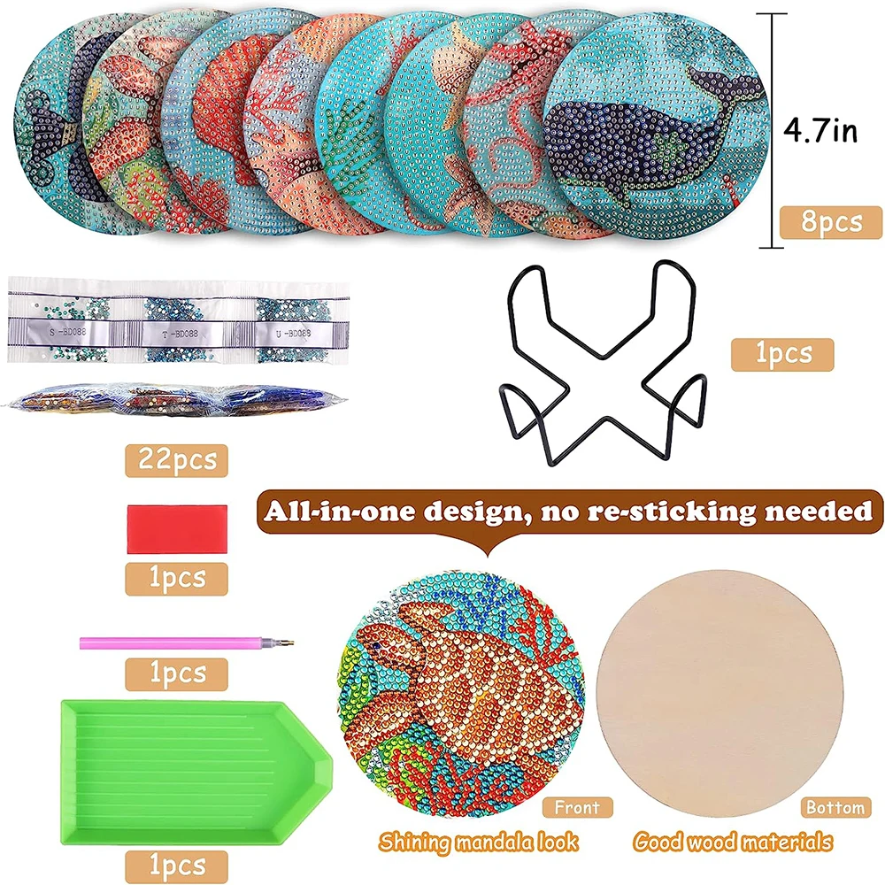 6/8PCS 5D Ocean Diamond Painting Coasters Diamond Art Kits for Adults Kids Cup Mat with Holder for Beach House Decor