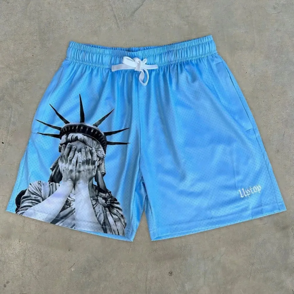 European and American men's summer Statue of Liberty letter print, soft and breathable drawstring shorts, outdoor casual pants