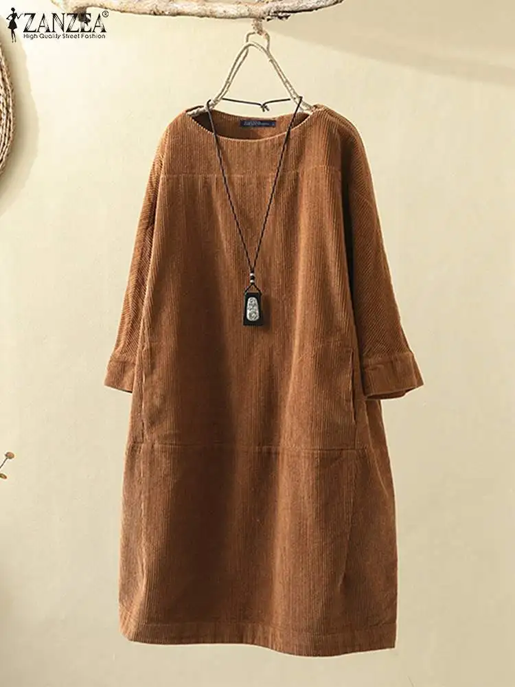 

Kaftan Corduroy Dress Women Autumn Sundress ZANZEA Casual Long Sleeve Short Vestidos Female Solid Pullovers Hoodies Robe Femme