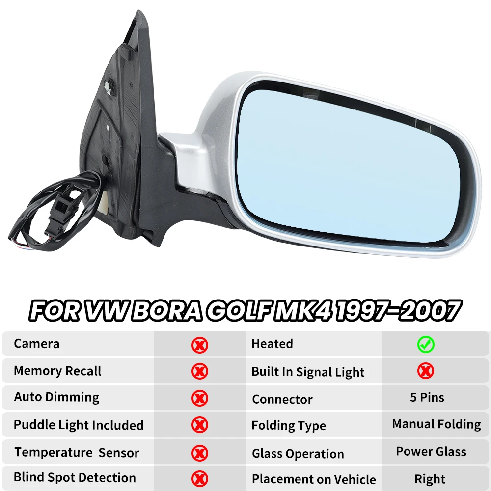 폭스 바겐 골프 MK4 1997-2007 실버 그레이 블루 렌즈 가열 자동차 액세서리 용 백미러 어셈블리