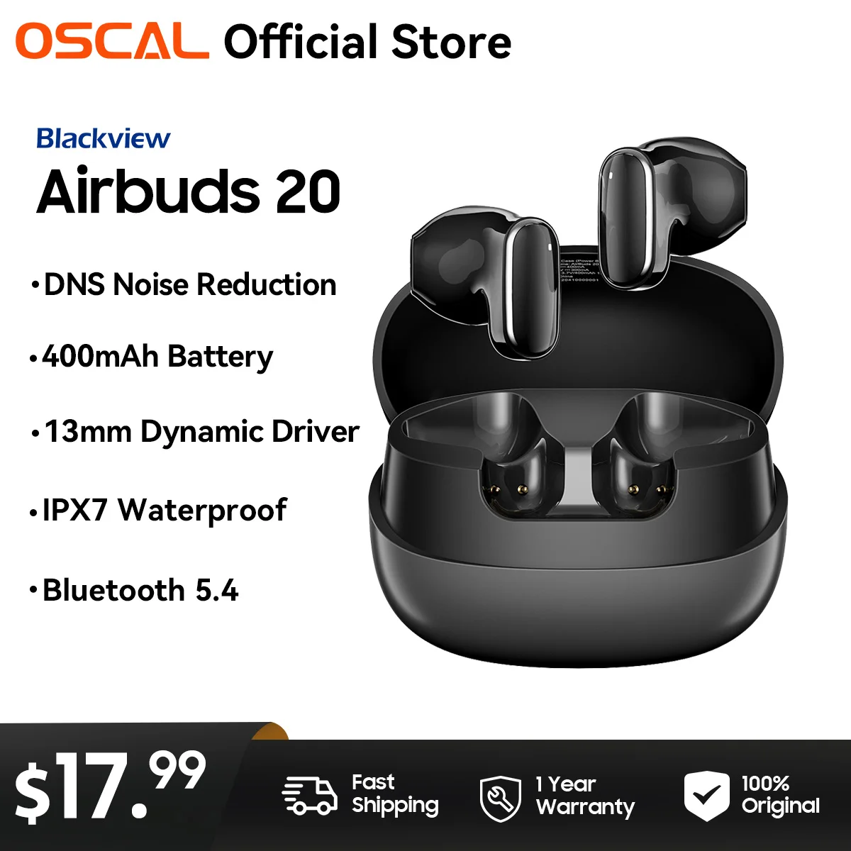 OSCAL Blackview Airbuds 20, Bluetooth 5.4 Earphone, IPX7 waterproof Headset with Touch Control  Microphone, 400mAh Battery