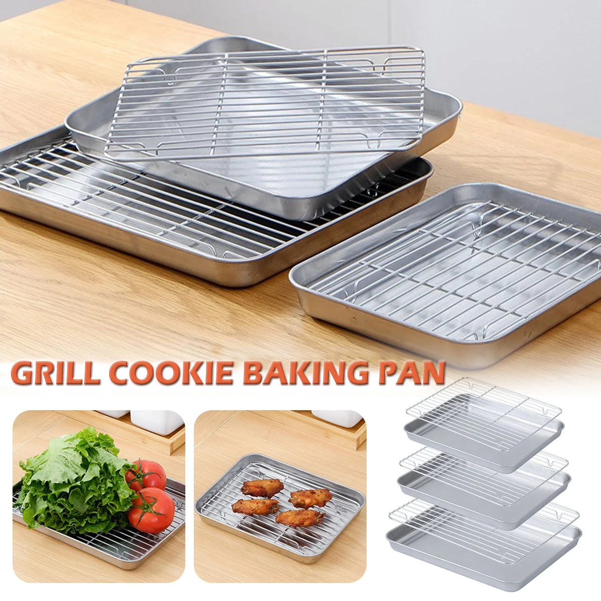 Stainless steel baking tray with wire rack non-stick grill tray cake baking cooling rack drain pan kitchen outdoor grill tools bbq grill pan