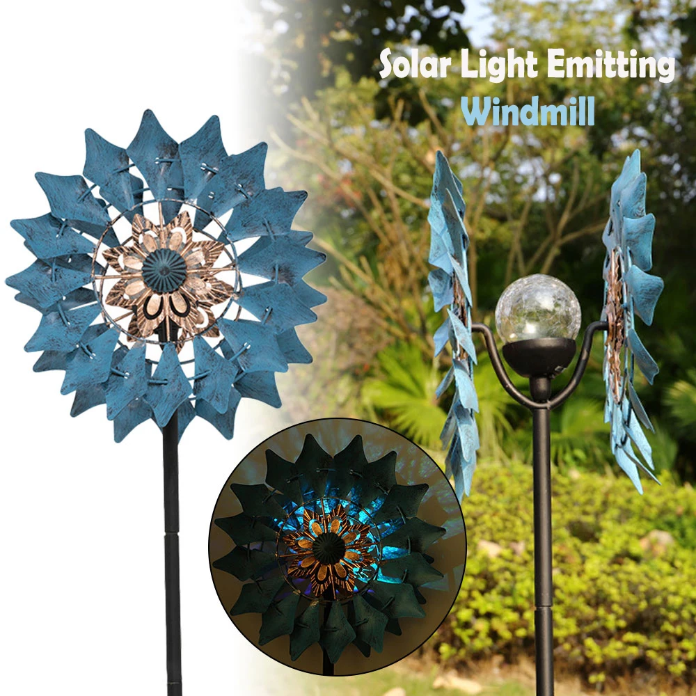 

Solar Light Emitting Windmill Iron Petal Shape Single Layer Turntable Rotatable Courtyard European Windmill Lake Blue