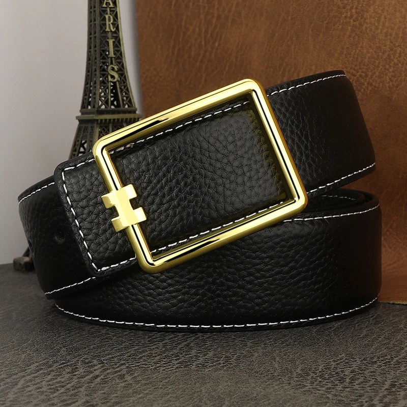 High quality designer square slide buckle belts men full grain leather fashion luxury famous brand brown young men ceinture homm