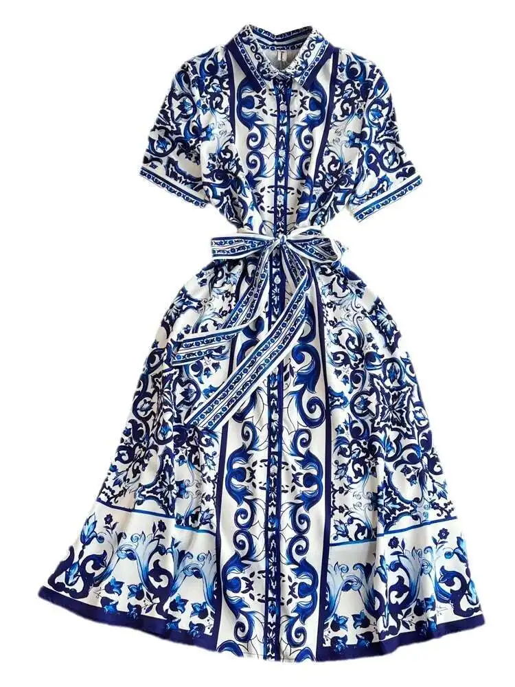 女性のための花柄のミディドレス,青,白,磁器のプリント,半袖