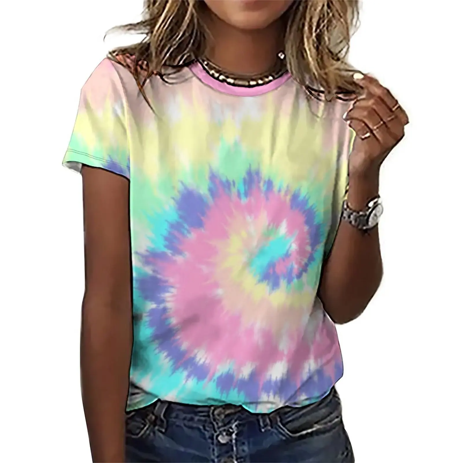 Womens Casual Summer Short Sleeve Tie Dye Print Tee T-Shirt