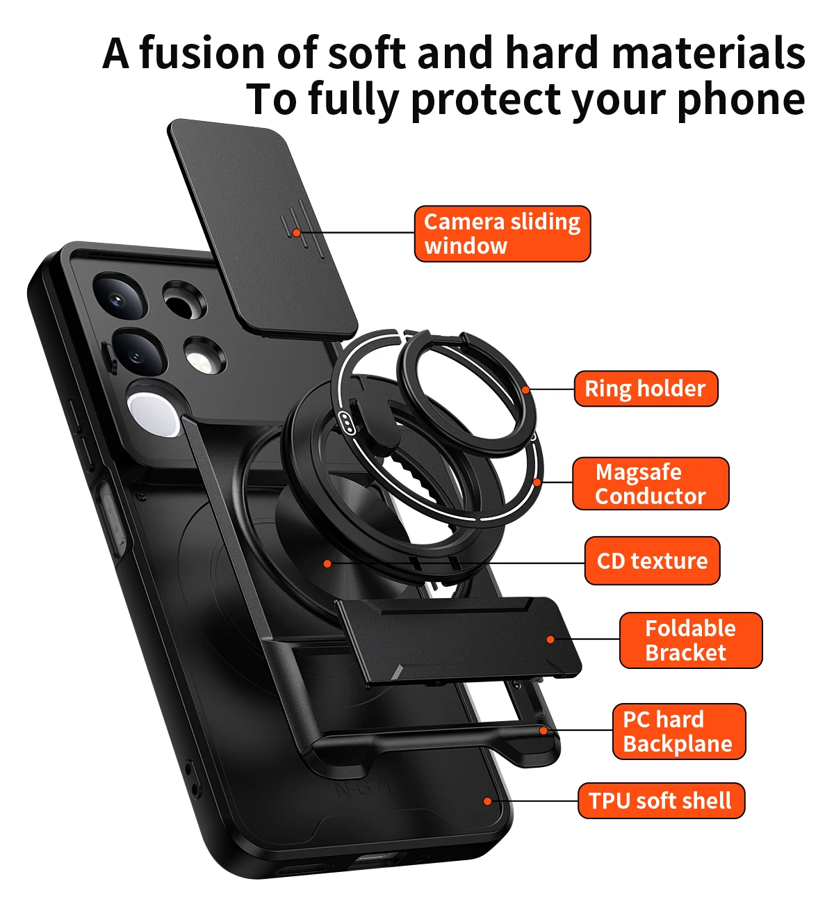 Camera Sliding Cover Phone Case with Double Bracket and Magnetic Ring Protection