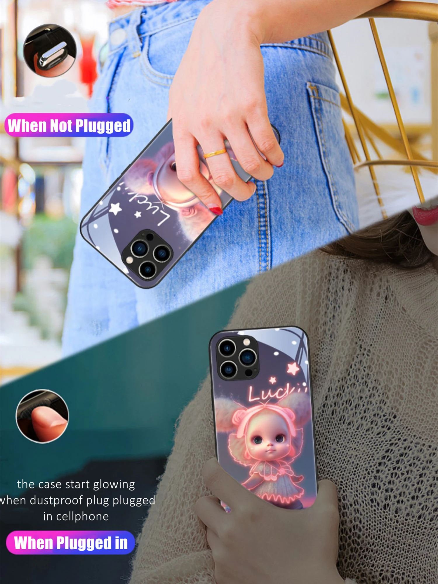 Kawaii Doll LED Light Glowing Luminous TPU Border Tempered Glass Phone Case for Xiaomi 11 12 13 Redmi K40 K50 K60 Pro Lite Ultra