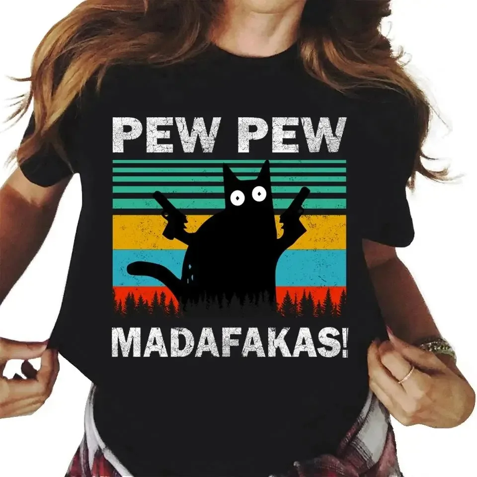 Pew Madafakas Damen-T-Shirt mit süßem schwarzen Katzen-Print, lässig, modisch, Rundhalsausschnitt, kurzärmelig, Sommer-Streetwear, Persönlichkeit, Y2K-Top