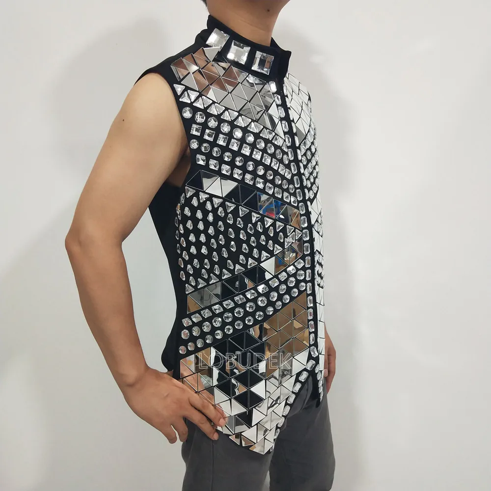 Glitter Mirror Rhinestone Waistcoat Sequin Crystal Vest Coat For Male Singer Bar Concert Stage Performance Drummer Dance Costume