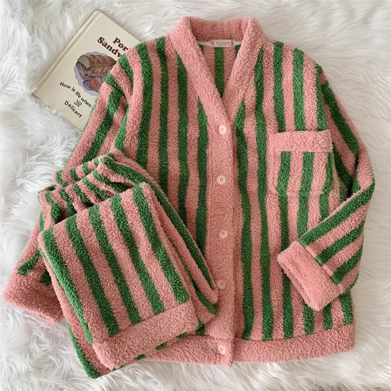 5XL Stripes Women's Flannel Cardigan Home Fur Solid Color Loose Coral Velvet Pajama Set Autumn/Winter Pants Two Piece Suit Red