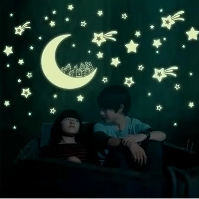 Description Picture 4 of item3D Star and Moon Wall Stickers Glow In the dark Energy Storage Fluorescent Luminous Wall Art Decor Kids living Room Decoration
