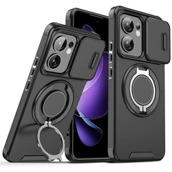 Shockproof Armor Case with Car Magnetic Holder and Slide Lens Protector for Reno 13F 5G 4G (YSlk-Black)