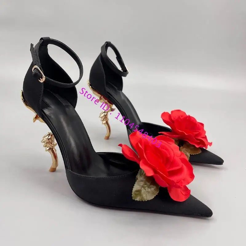 new arrive black red big flower high heel pointed dress shoes 3