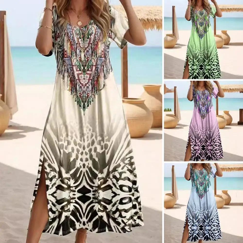 

Women Casual Printed Dress Stylish Retro Printed Summer Women's Dress with Crew Neck Short Sleeves Gradient Color for Vacation