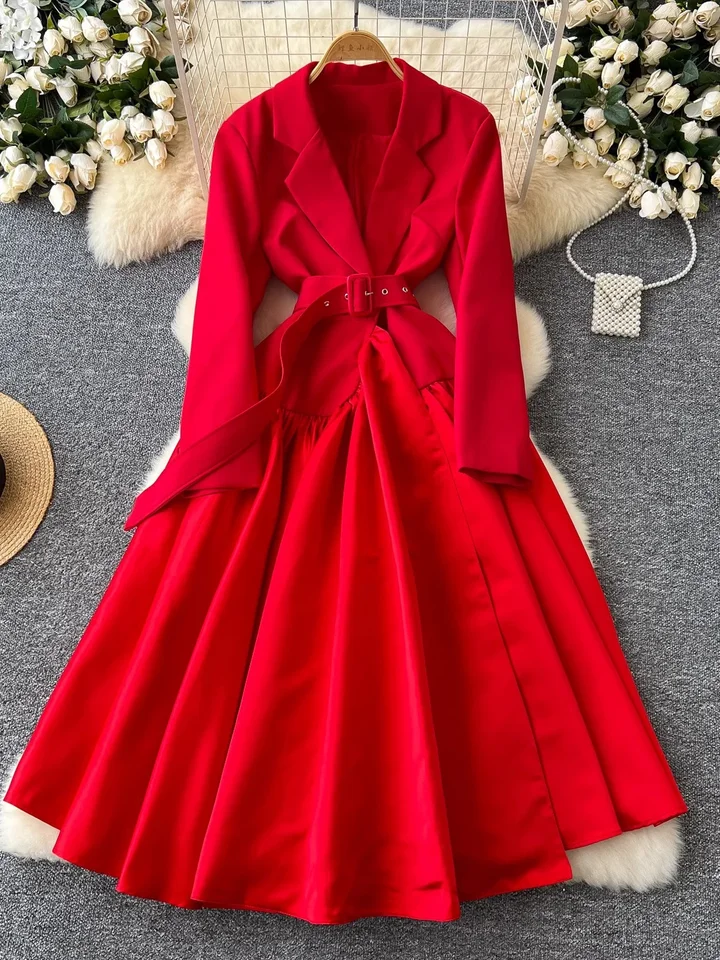 Autumn Winter Women Red/Khaki/Black Notched Collar Party Long