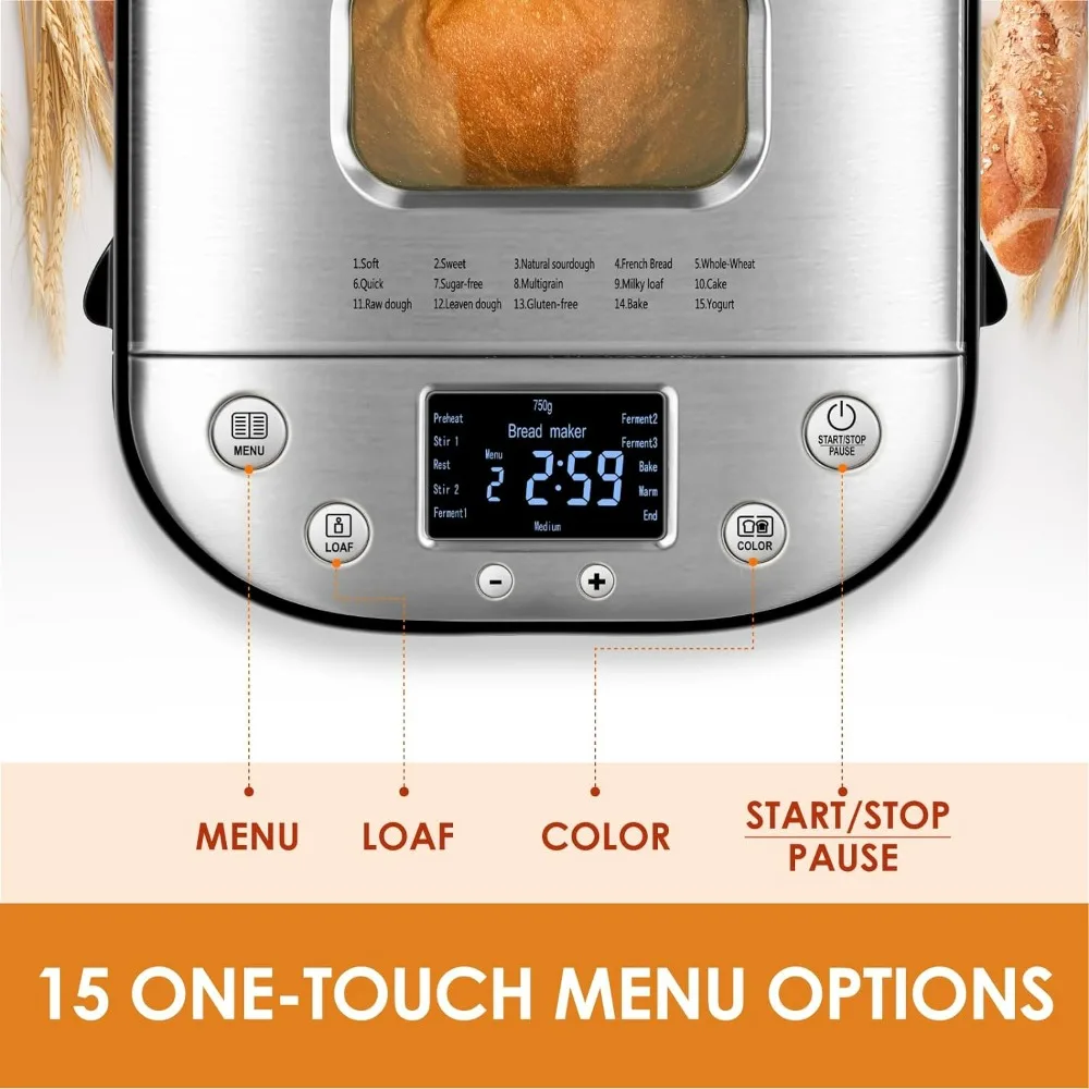 Bread Maker Machine with Gluten-Free Setting, 2LB 1.5LB 1LB Automatic Breadmaker with Homemade Cycle, 15-in-1 Stainless Steel 2