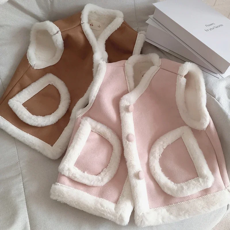 

Autumn Winter Girls' Thickened Plush Vest Casual Loose Sleeveless Jacket Korean Kids Baby Suede Fleece Warm Waistcoat