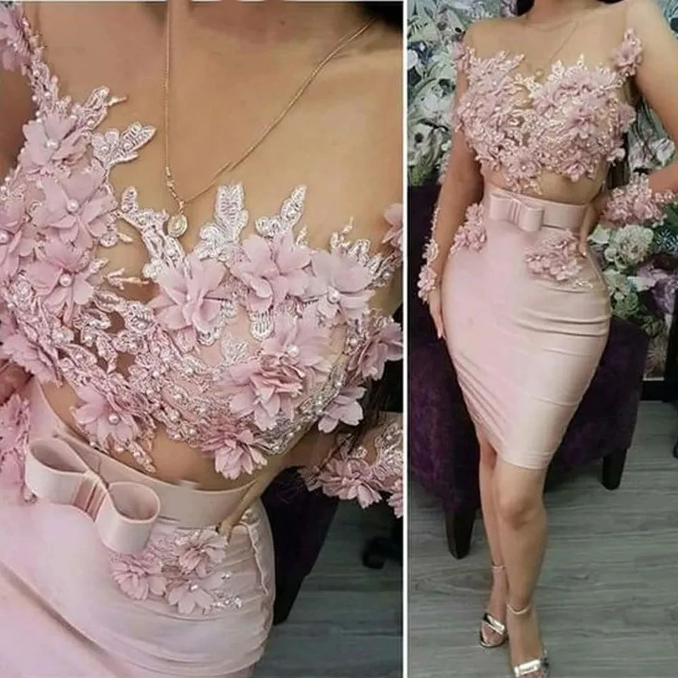 

Homecoming Dress Pink Tulle Short Prom Dresses Lace Appliqued Pearls Graduation Sheath Women Long Sleeves Illusion Graduaton Par