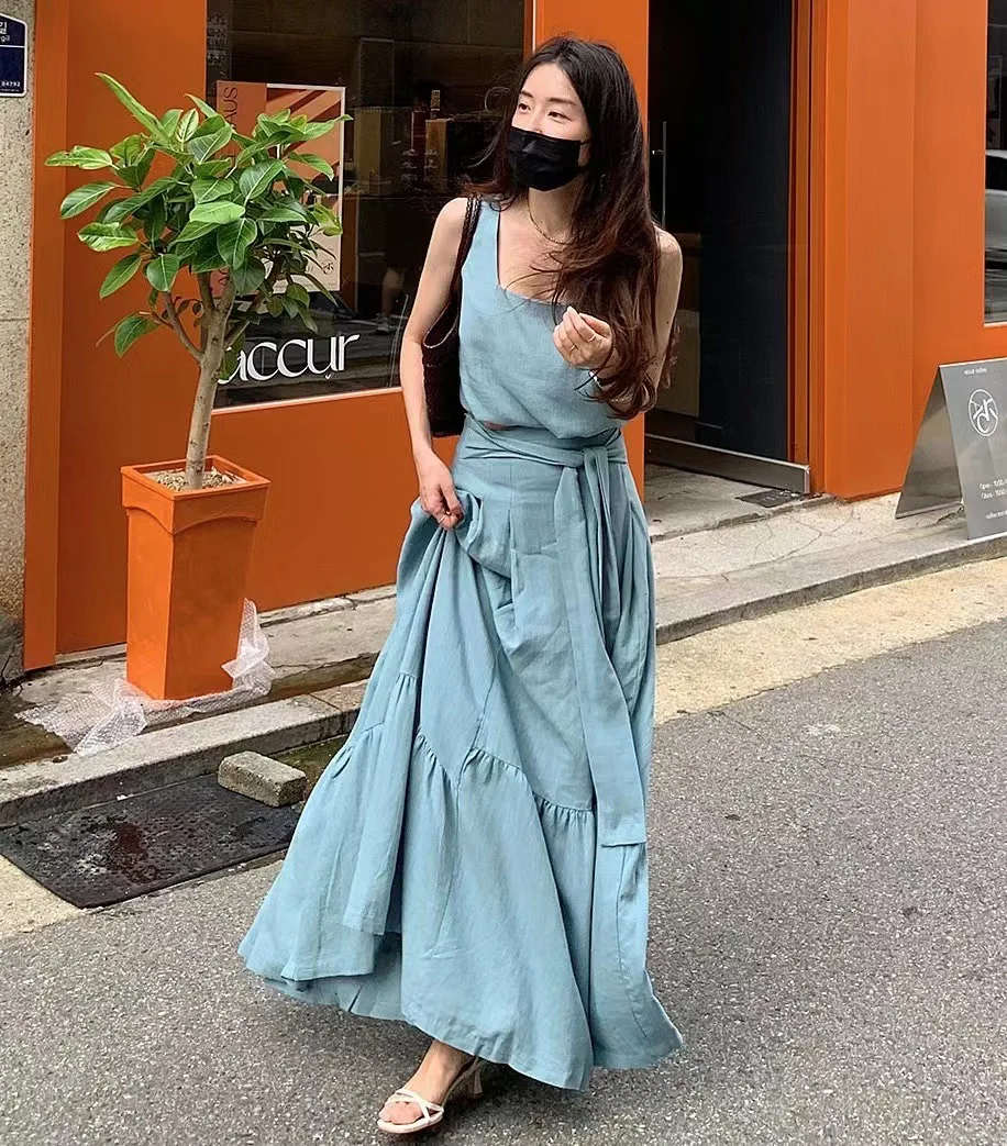 

New 2023 fashion High Waist Long Skirt Casual Elegant Streetwear Lace-Up korean pleated skirts