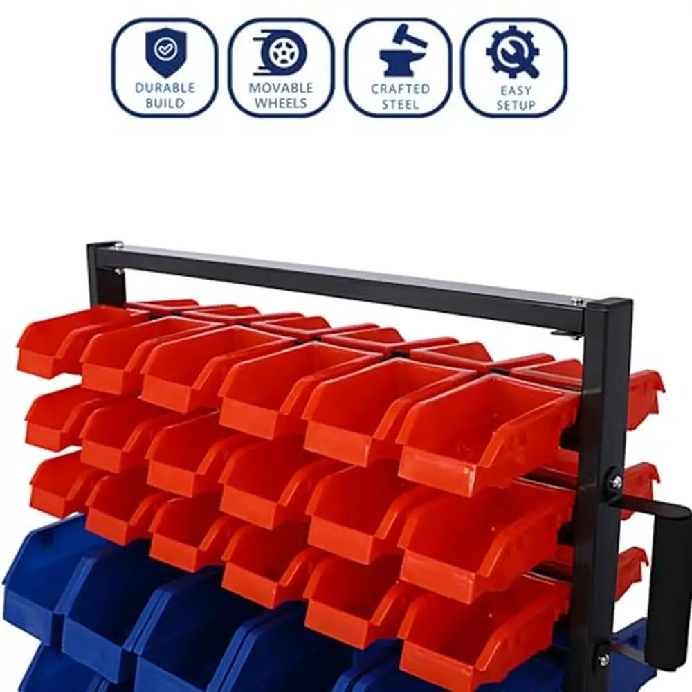 Steel Frame 90 Parts Bin Rack System with Lockable Casters Label Area Space-Saving Design Mobile Organizer Shop Storage Bin Rack