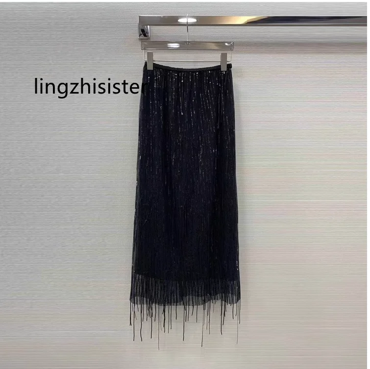

Women Mesh Long Skirt 2023 Summer Female Elastic Waist Sequins Tassel Straight Skirts Black Apricot New Arrive