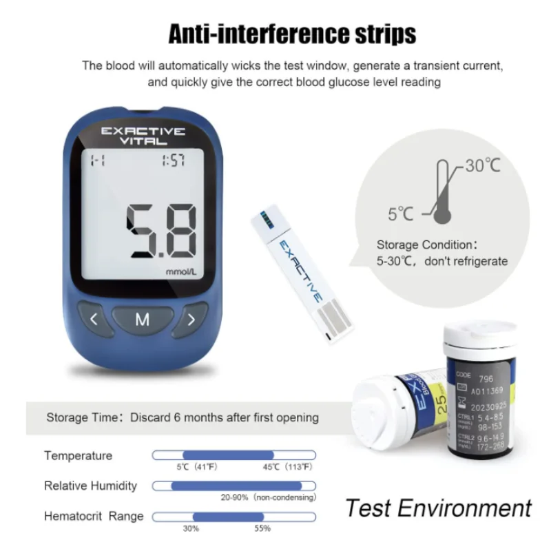 EXACTIVE VITAL Blood Glucose Tester Kits with 50 Test Strips and 50 Lancets,Sugar Test Machine，Diabetic Supplies Travel Case kit