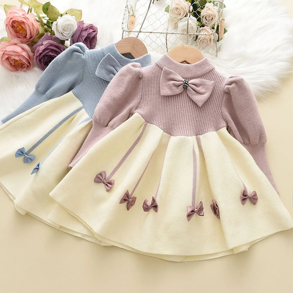 

Baby Girl Knitted Bow Dress Clothes Clothing for Children Kids Autumn Casual Princess Korean Lovely Cute Sweet Patchwork Dress
