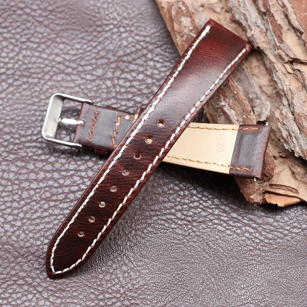 20MM 22MM Red Brown Deep Coffee Cow Leather Half Arched Top Layer Cowhide Watch Strap