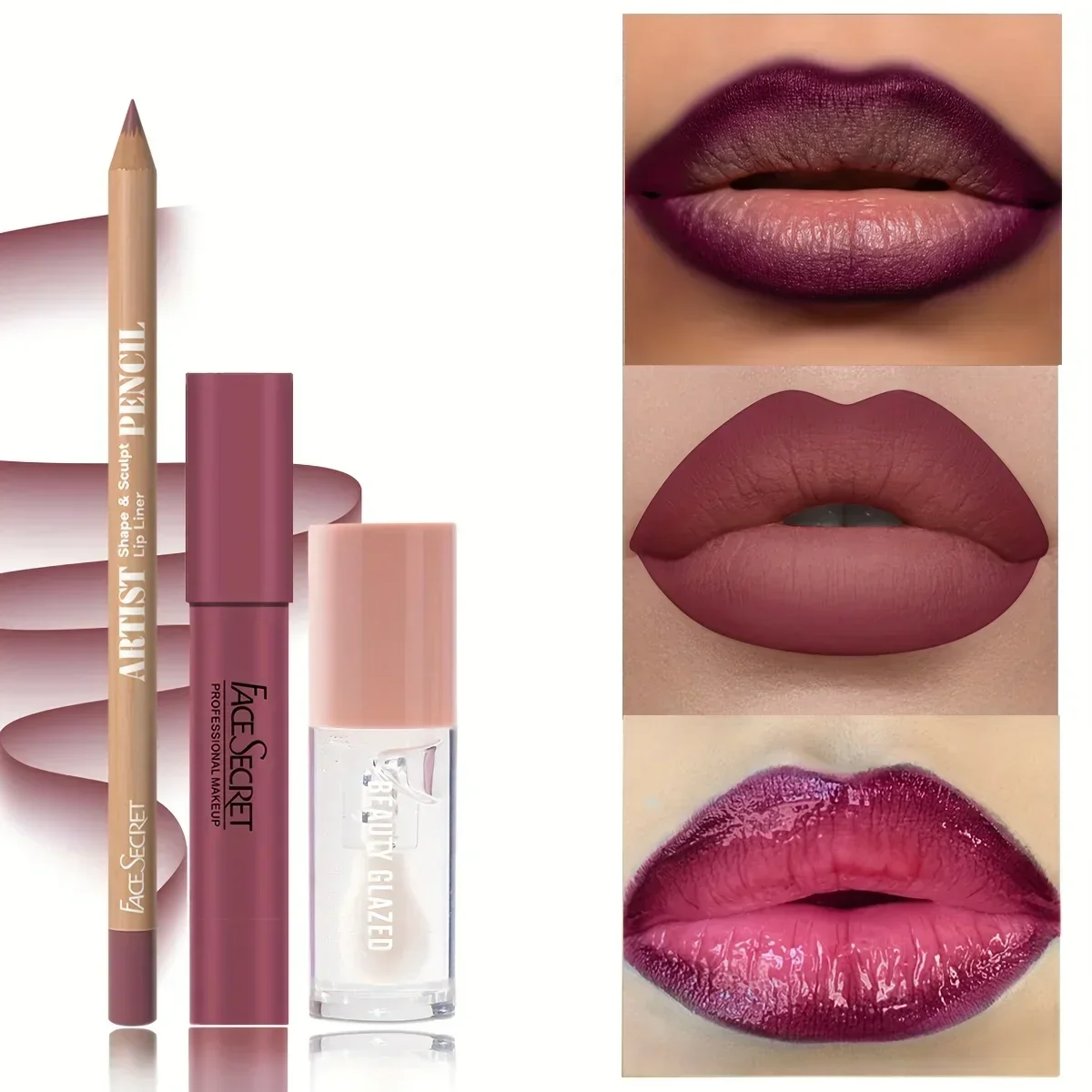 3pcs Lip Liner Lipstick Set,Velvet Silky,Long-Lasting Waterproof,Includes Lip Liner, Moisturizing Oil & Glossy Lipstick