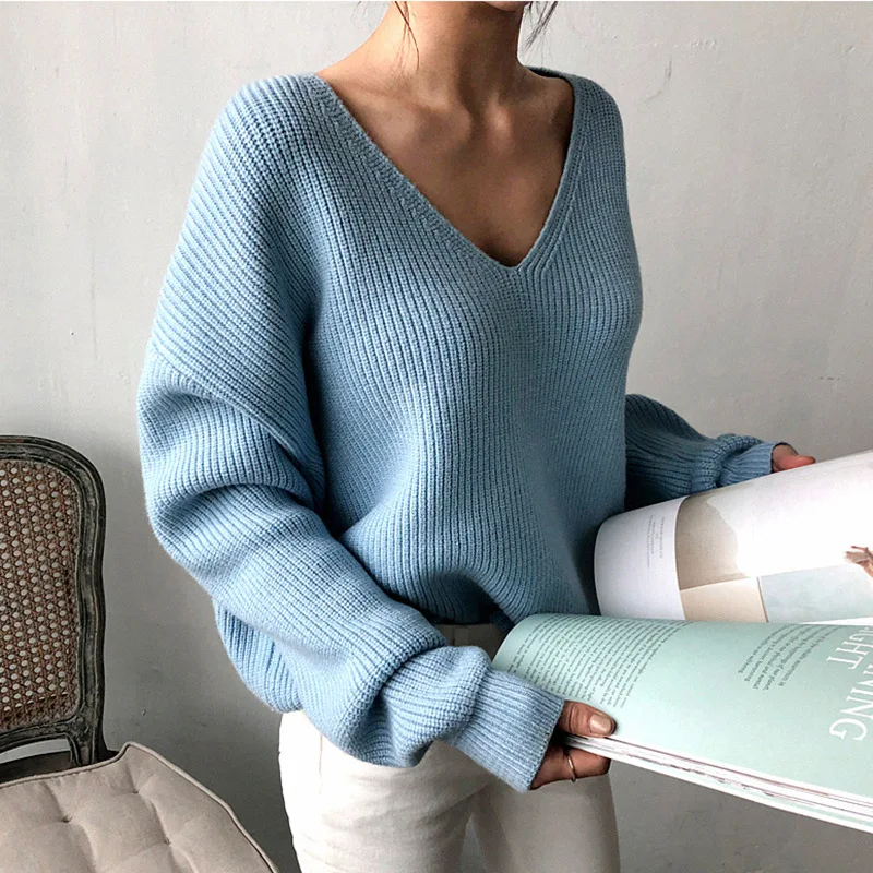 Women Knitted Deep V Neck Sweater Long Lantern Sleeve Pullover
