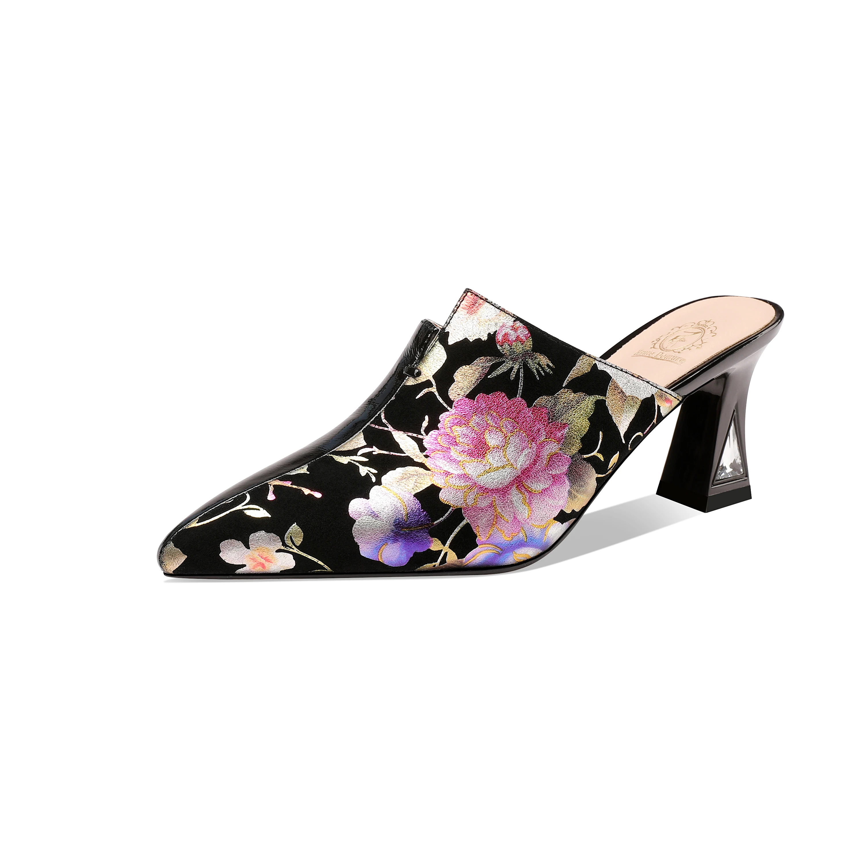 

Mstyle Flower Leather Sandals for Women High Spool Heel Pointed Toe Casual Handmade Elegant Floral Ladies New Summer Heels