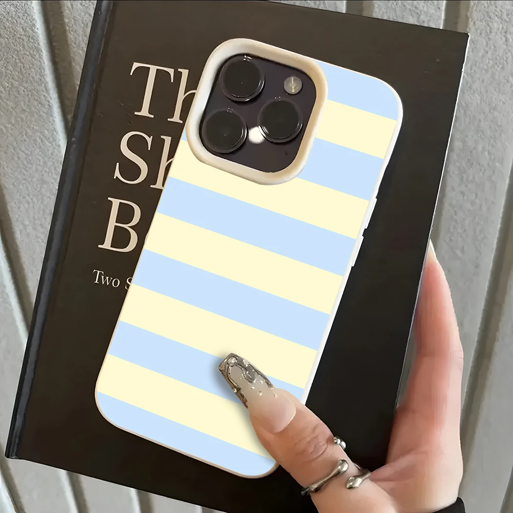 Elegant Light Blue & Cream Stripe Lychee Soft Phone Case Cover
