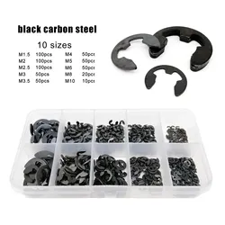 580-Piece Assorted E-Clip Retaining Ring and Washer Kit - Stainless and Carbon Steel, 10 Sizes (Black steel)