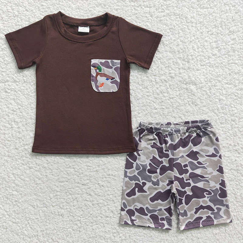 Wholesale Baby Boy Summer Camo Set Children Brown Cotton Short Sleeves  Pocket Duck T-shirt Toddler Infant Shorts Kid Outfit