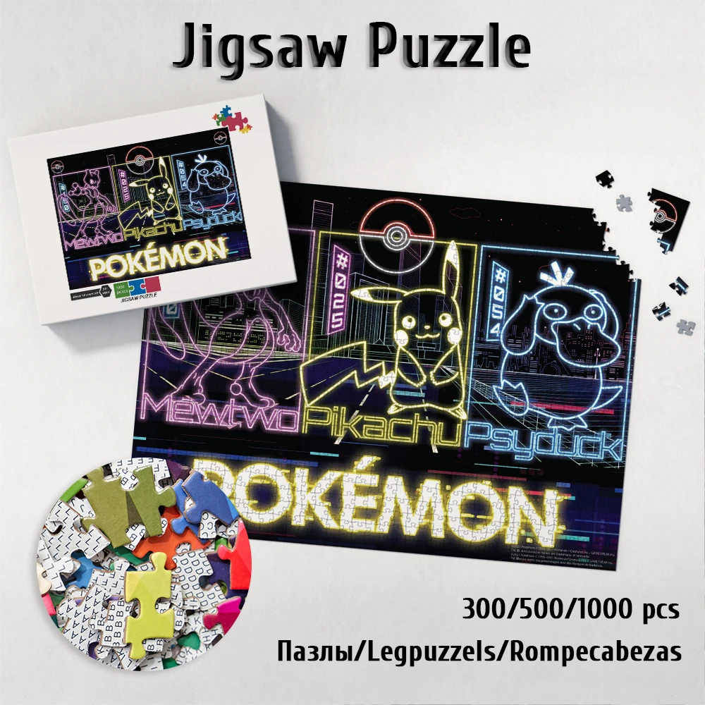 Neon Pokemon Jigsaw Puzzles Cartoon Pikachu Puzzles for Adults Educational Toys Japanese Anime Paper Jigsaw Puzzles Family Game