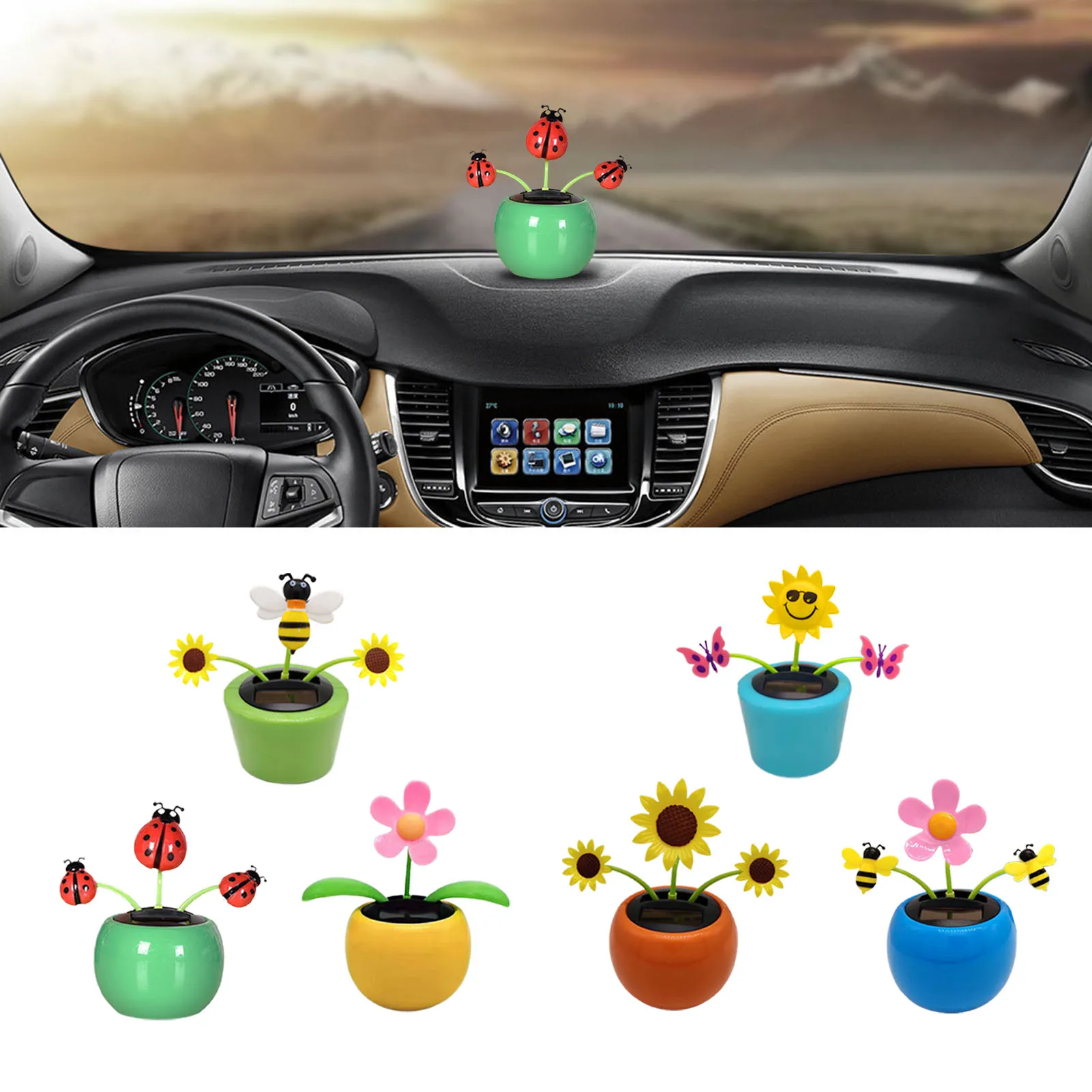 Solar Car Toy Solar Hummingbird Toy Solar Powered Dancing Flowers Swinging Toys Funny Electric Auto-swinging Shaking Head Car Decoration Ornaments Kids Holiday Gift